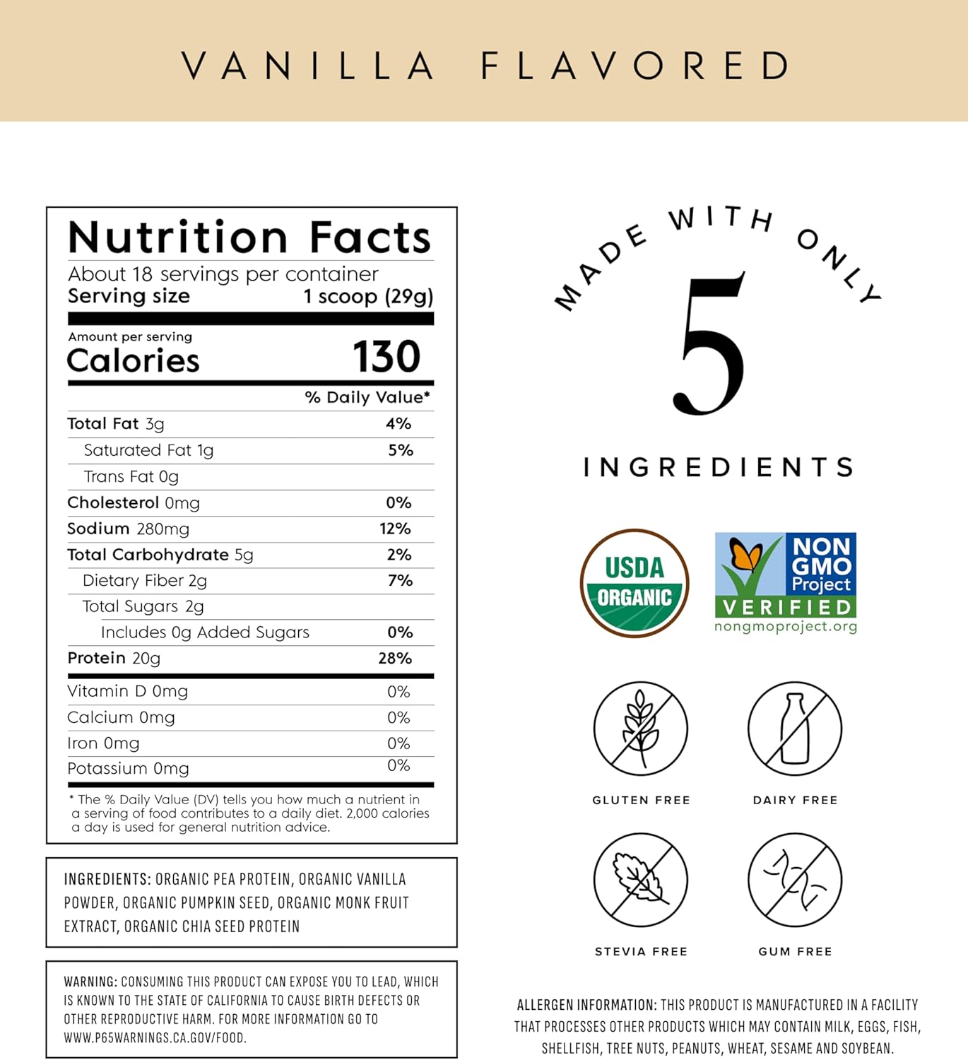 Truvani Organic Vegan Pea Protein Powder Vanilla 18.9oz 1.2lbs 534g– 20g 18 Servings