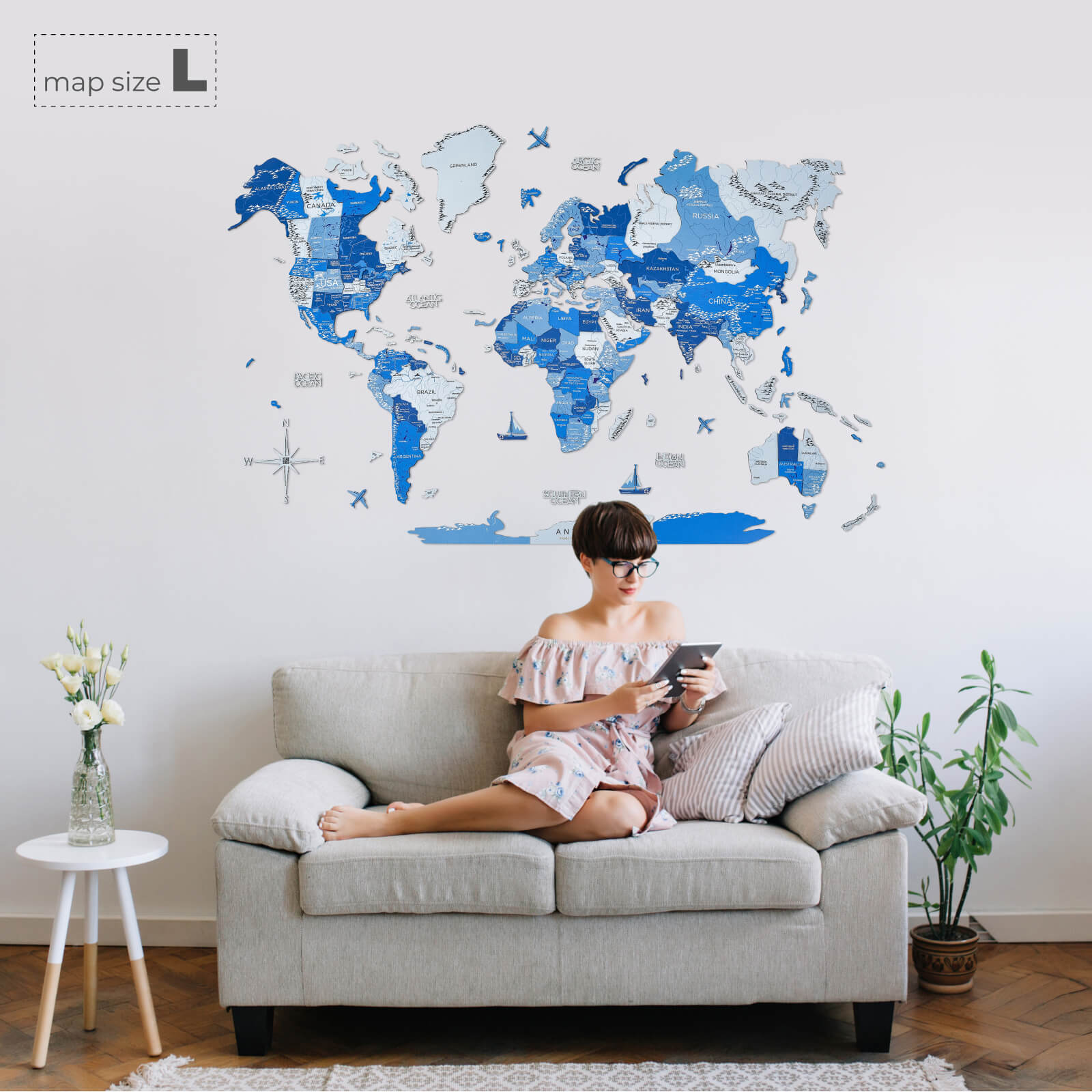 3D Wooden World Map Azure
